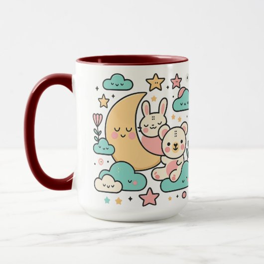 Whimsical Bunny and Bear Under Moon Illustration マグカップ (左)