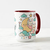Whimsical Bunny and Bear Under Moon Illustration マグカップ (正面右)