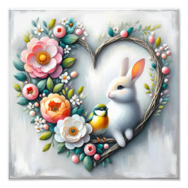 Whimsical Bunny and Bird Floral Heart フォトプリント