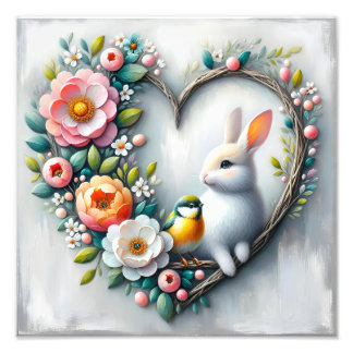 Whimsical Bunny and Bird Floral Heart フォトプリント