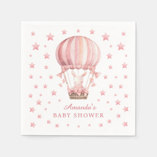 Whimsical Bunny Balloon Pink Stars Baby Shower スタンダードカクテルナプキン