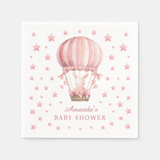 Whimsical Bunny Balloon Pink Stars Baby Shower スタンダードカクテルナプキン (正面)