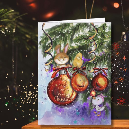 Whimsical Bunny Chick Goose Christmas Holiday Card シーズンカード
