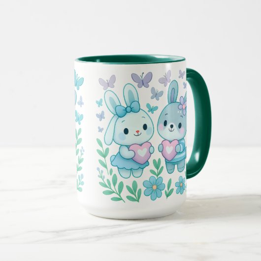 Whimsical Bunny Couple Ceramic Mug マグカップ (正面右)