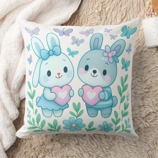 Whimsical Bunny Couple Heart Throw Pillow クッション (ブランケット)