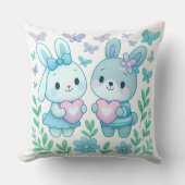 Whimsical Bunny Couple Heart Throw Pillow クッション (正面)