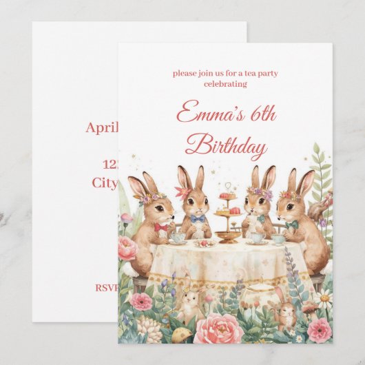 Whimsical Bunny Garden Tea Party Birthday 招待状 (正面/裏面)