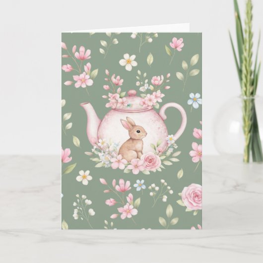 Whimsical Bunny Green Teapot Floral Easter  カード (正面)