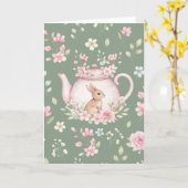 Whimsical Bunny Green Teapot Floral Easter  カード (黄色い花)
