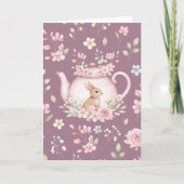Whimsical Bunny Pink Teapot Floral Easter カード (正面)