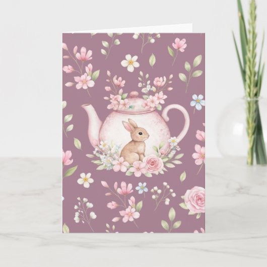 Whimsical Bunny Pink Teapot Floral Easter  カード (正面)