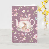 Whimsical Bunny Pink Teapot Floral Easter  カード (黄色い花)