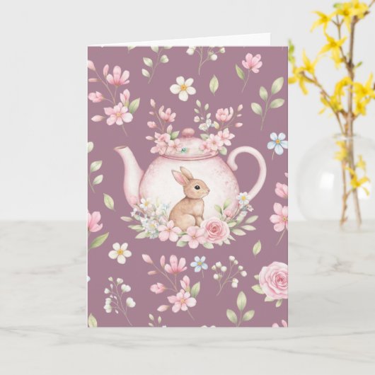 Whimsical Bunny Pink Teapot Floral Easter カード (黄色い花)