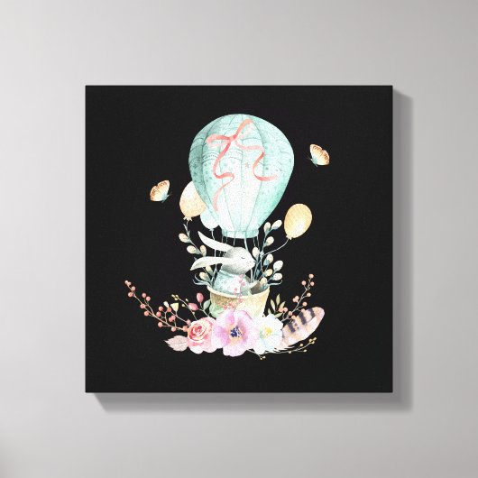 Whimsical Bunny Riding in a Hot Air Balloon キャンバスプリント (正面)