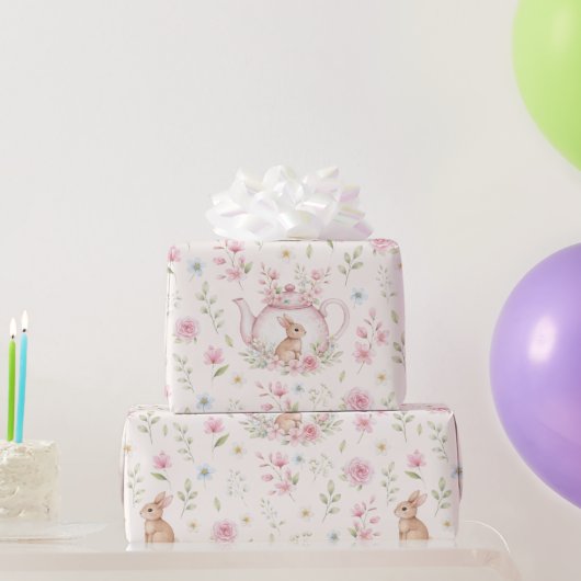 Whimsical Bunny Teapot Floral ラッピングペーパー (パーティーギフト)