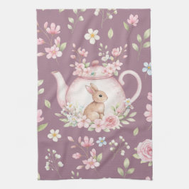 Whimsical Bunny Teapot Floral Spring  キッチンタオル