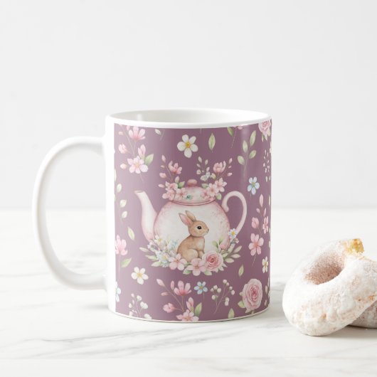 Whimsical Bunny Teapot Floral Spring コーヒーマグカップ (ドーナツ)