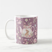 Whimsical Bunny Teapot Floral Spring コーヒーマグカップ (左)
