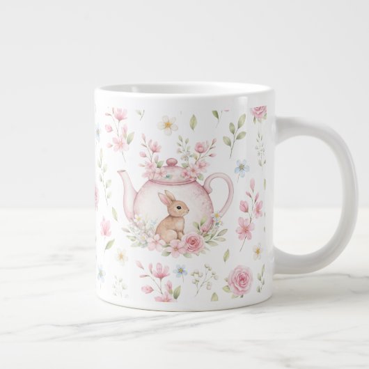 Whimsical Bunny Teapot Floral Spring  ジャンボコーヒーマグカップ (右)