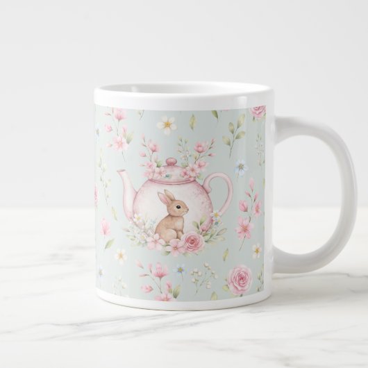 Whimsical Bunny Teapot Floral Spring ジャンボコーヒーマグカップ (右)