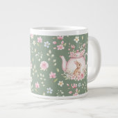 Whimsical Bunny Teapot Floral Spring  ジャンボコーヒーマグカップ (正面右)