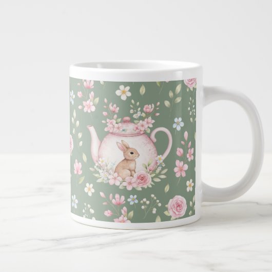 Whimsical Bunny Teapot Floral Spring  ジャンボコーヒーマグカップ (右)