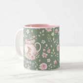 Whimsical Bunny Teapot Floral Spring  ツートーンマグカップ (正面左)
