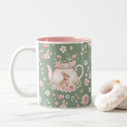 Whimsical Bunny Teapot Floral Spring  ツートーンマグカップ (ドーナツ)