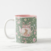 Whimsical Bunny Teapot Floral Spring  ツートーンマグカップ (左)