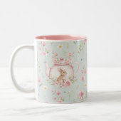 Whimsical Bunny Teapot Floral Spring  ツートーンマグカップ (左)