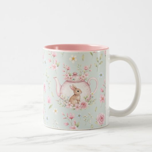 Whimsical Bunny Teapot Floral Spring  ツートーンマグカップ (右)