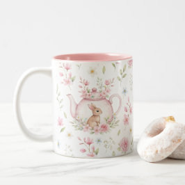 Whimsical Bunny Teapot Floral Spring  ツートーンマグカップ