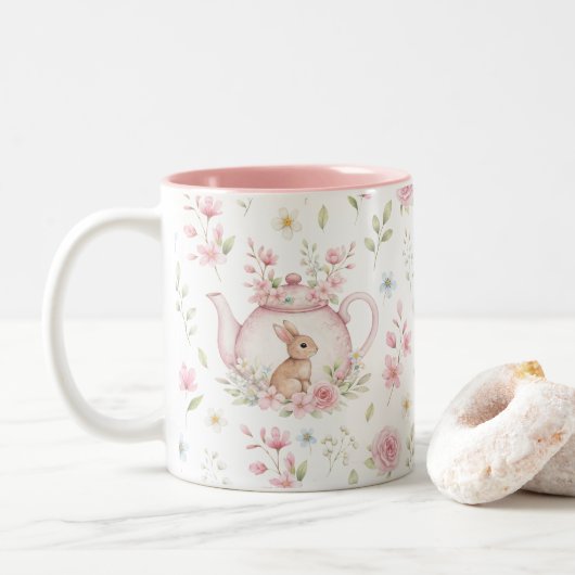 Whimsical Bunny Teapot Floral Spring  ツートーンマグカップ (ドーナツ)