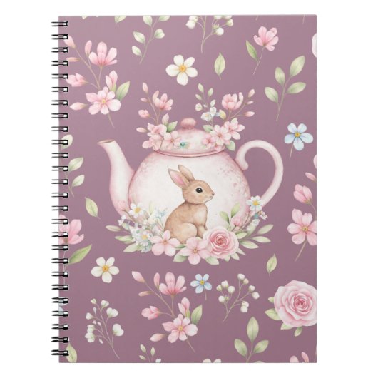 Whimsical Bunny Teapot Floral Spring Notebook ノートブック (正面)