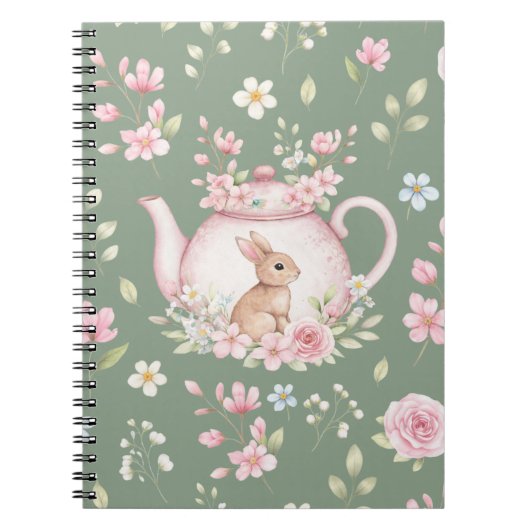 Whimsical Bunny Teapot Floral Spring Notebook ノートブック (正面)