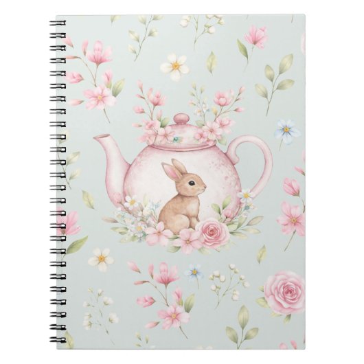Whimsical Bunny Teapot Floral Spring Notebook ノートブック (正面)
