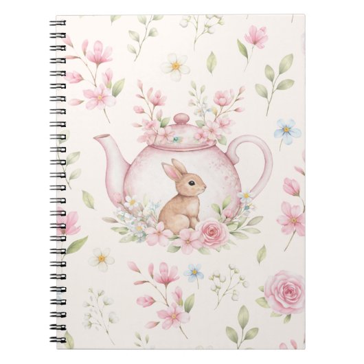 Whimsical Bunny Teapot Floral Spring Notebook ノートブック (正面)