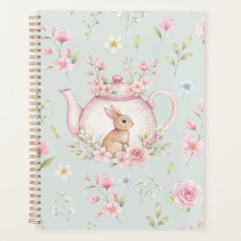 Whimsical Bunny Teapot Floral Spring Notebook プランナー手帳