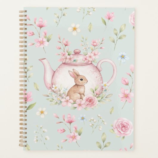 Whimsical Bunny Teapot Floral Spring Notebook プランナー手帳 (正面)