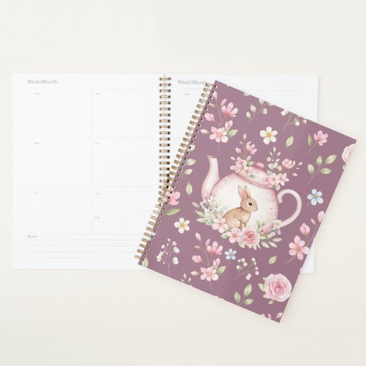 Whimsical Bunny Teapot Floral Spring Notebook プランナー手帳 (ディスプレー)