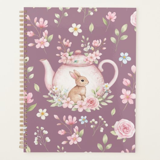 Whimsical Bunny Teapot Floral Spring Notebook プランナー手帳 (正面)