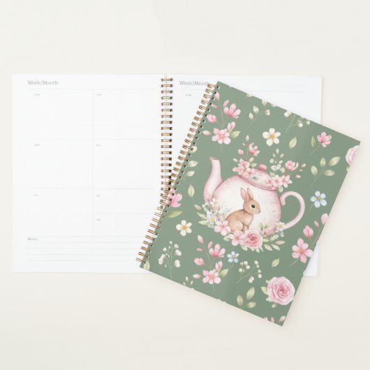 Whimsical Bunny Teapot Floral Spring Notebook プランナー手帳 (ディスプレー)