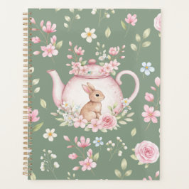 Whimsical Bunny Teapot Floral Spring Notebook プランナー手帳