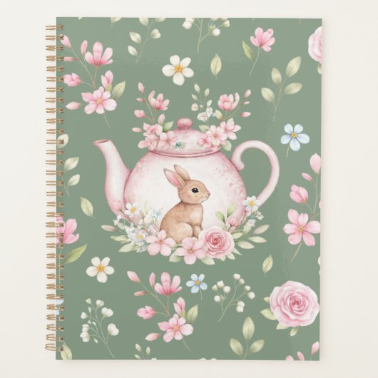 Whimsical Bunny Teapot Floral Spring Notebook プランナー手帳 (正面)