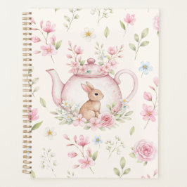 Whimsical Bunny Teapot Floral Spring Notebook プランナー手帳