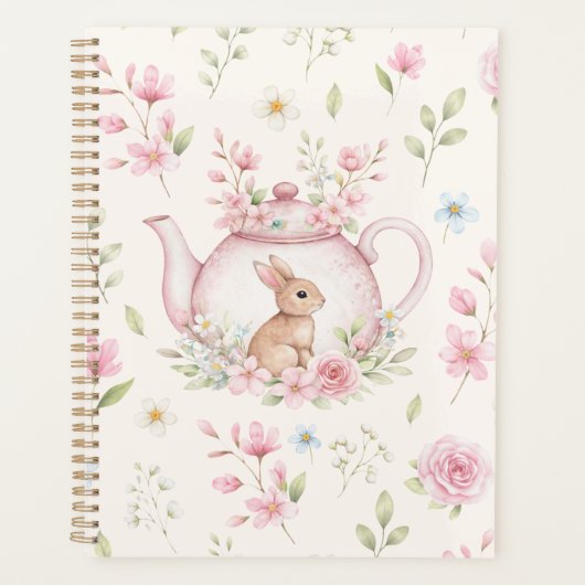 Whimsical Bunny Teapot Floral Spring Notebook プランナー手帳 (正面)