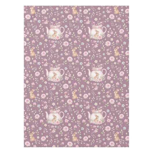 Whimsical Bunny Teapot Spring Floral Pattern テーブルクロス (正面)
