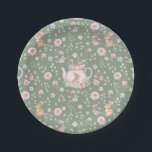 Whimsical Bunny Teapot Spring Floral Pattern ペーパープレート<br><div class="desc">Whimsical Bunny Teapot Spring Floral Pattern Paper Plates. Whimsical design featuring an adorable bunny nestled inside a delicate pink teapot,  surrounded by watercolor flowers and lush green leaves. The soft sage green background enhances the gentle beauty of this pattern. Ideal for Easter or baby showers.</div>