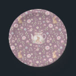 Whimsical Bunny Teapot Spring Floral Pattern ペーパープレート<br><div class="desc">Whimsical Bunny Teapot Spring Floral Pattern Paper Plates. Whimsical design featuring an adorable bunny nestled inside a delicate pink teapot,  surrounded by watercolor flowers and lush green leaves. The soft purple background enhances the gentle beauty of this pattern. Ideal for Easter or baby showers.</div>