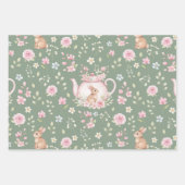 Whimsical Bunny Teapot Spring Floral Pattern ラッピングペーパーシート (正面)